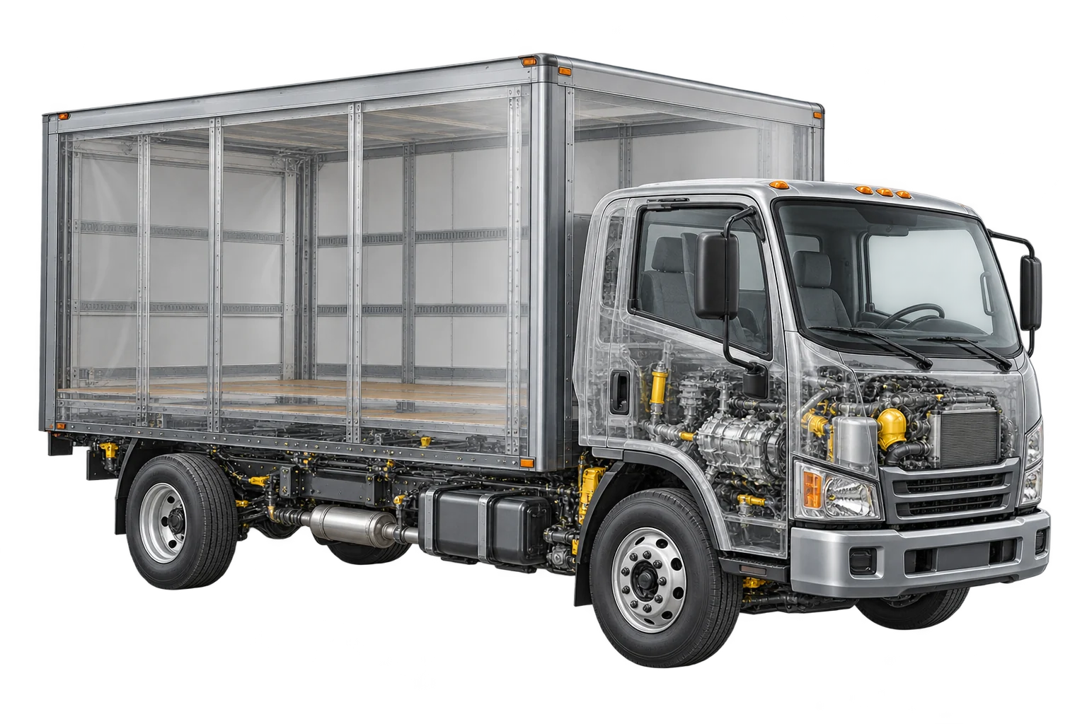 Commercial truck cutaway showing engine and chassis